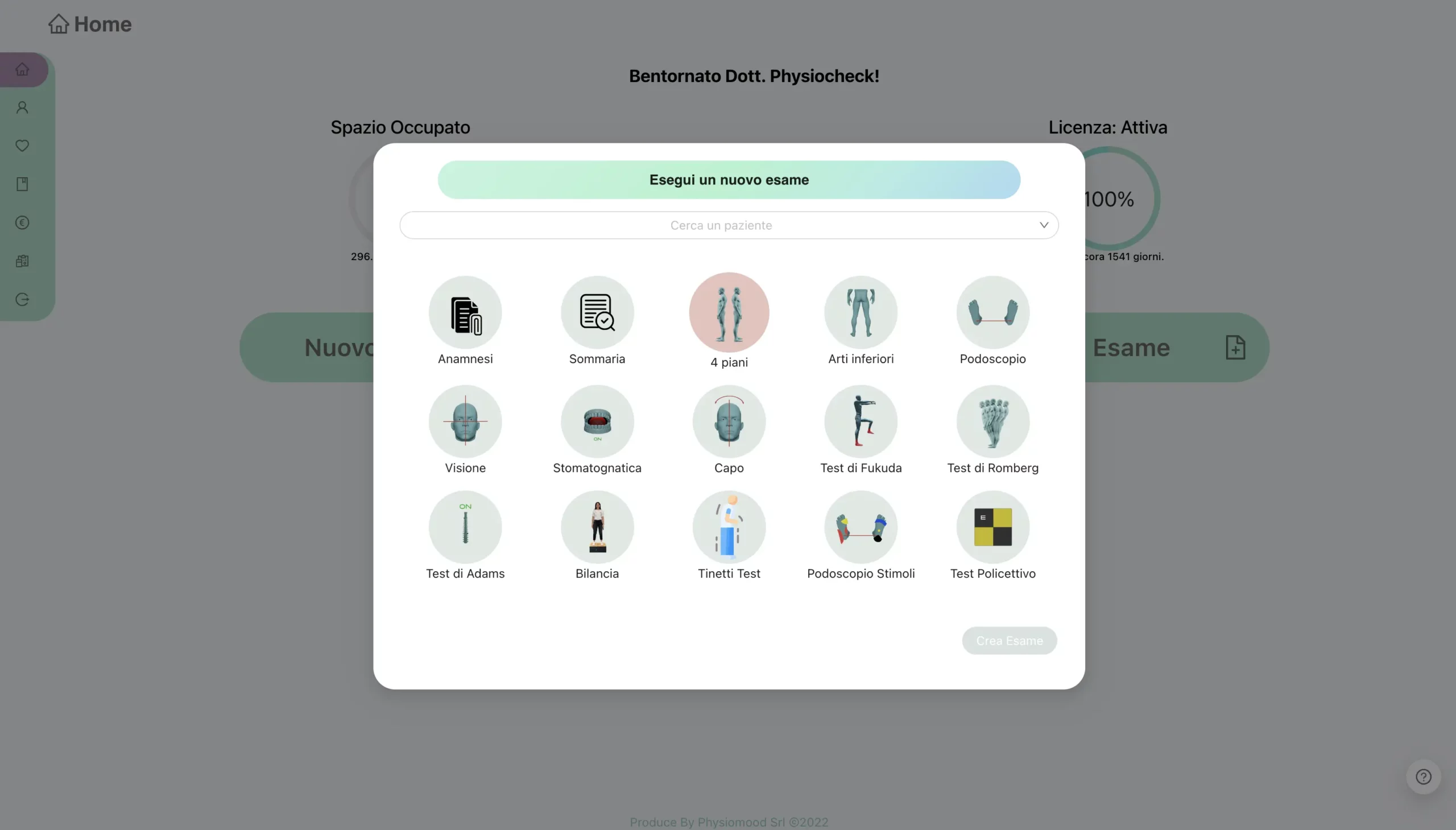 Selezione creazione esame sul Software Physiocheck App (full screen).