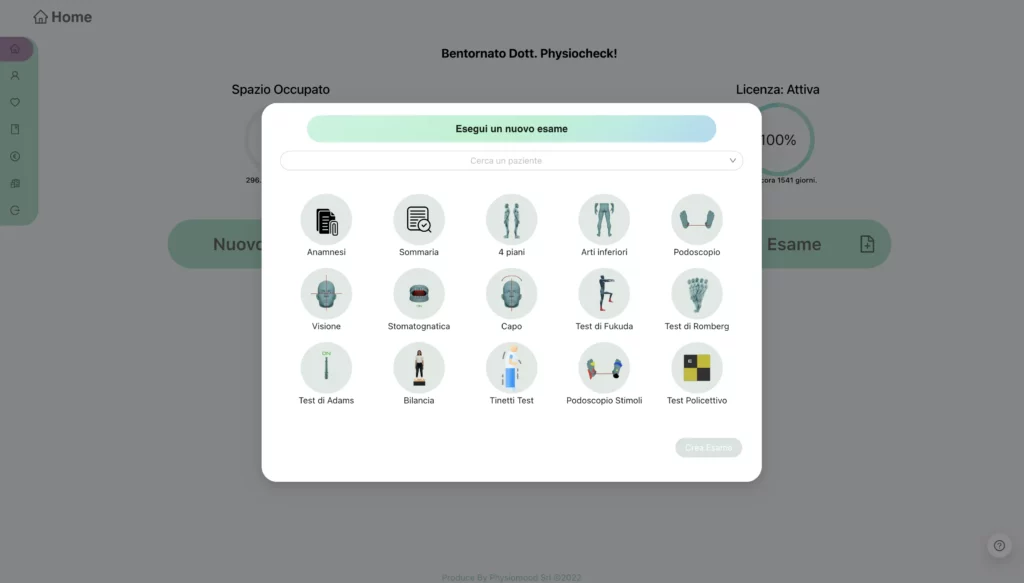 Modulo creazione esame sul Software Physiocheck App (full screen).