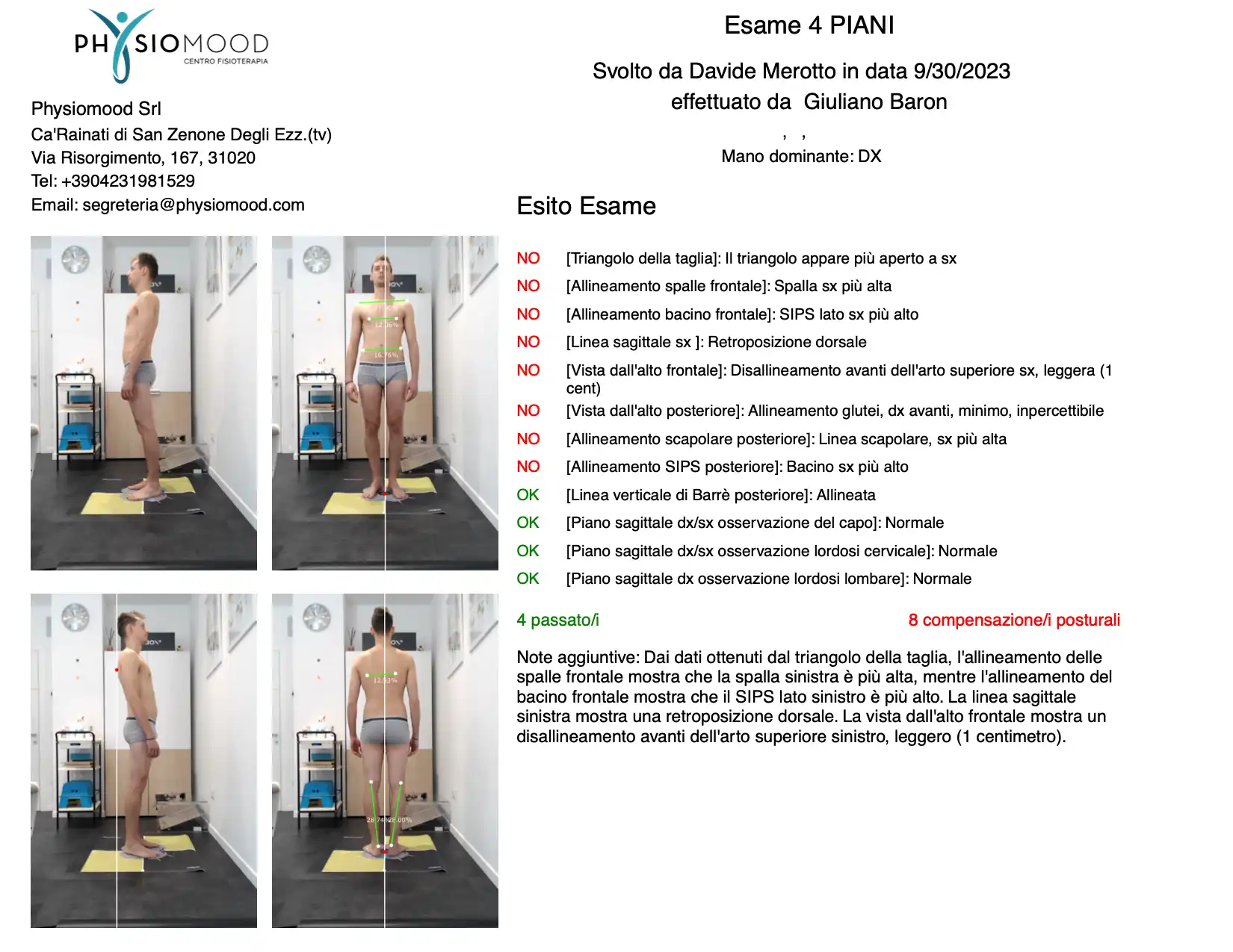 Report Esame 4 Piani con il Software Physiocheck App.